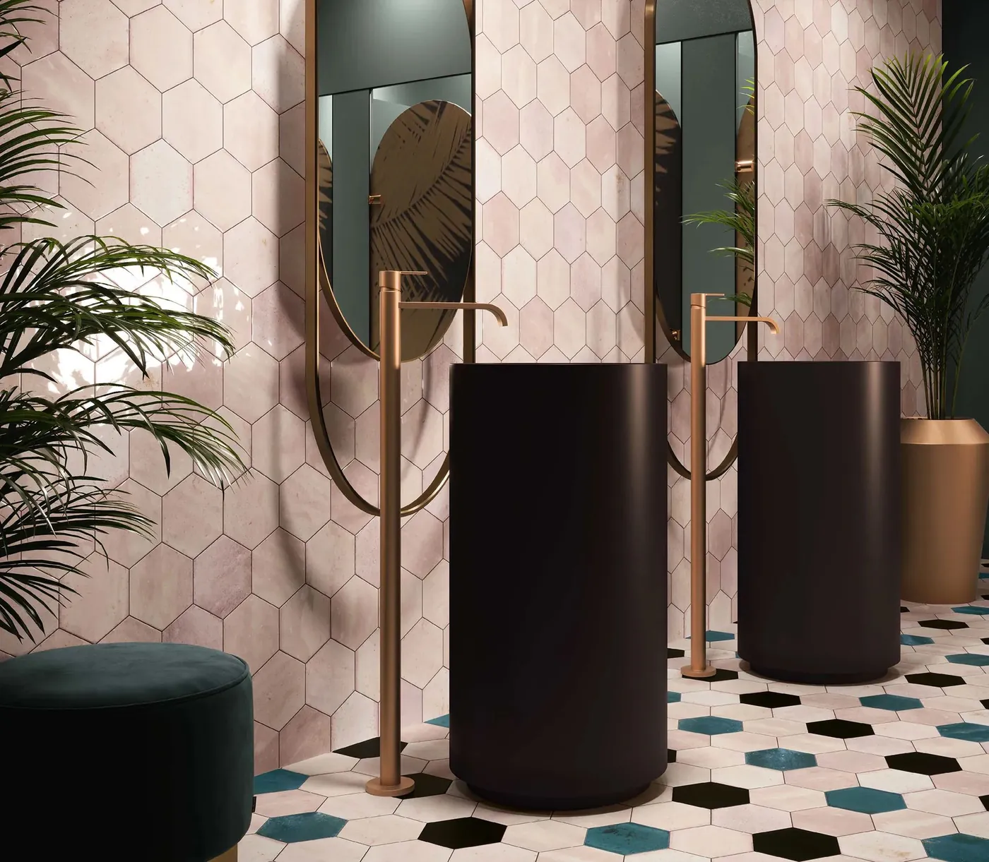 Baño contemporáneo con azulejo hexagonal en tonos suaves
