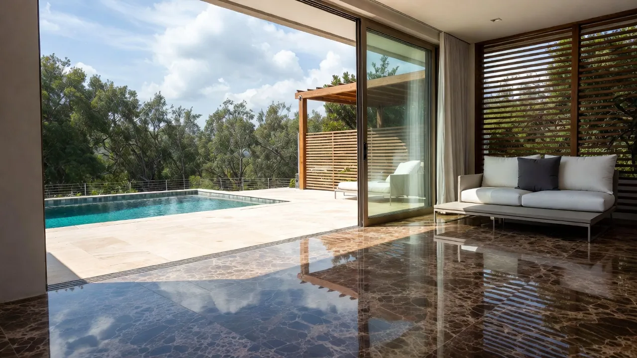Pavimento continuo entre salón, terraza y piscina