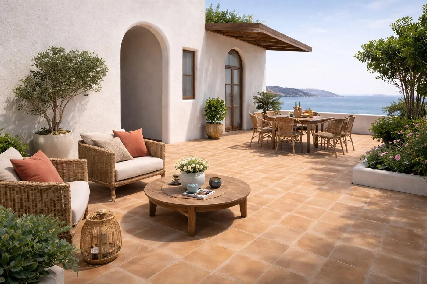 Terraza mediterránea con suelo cerámico