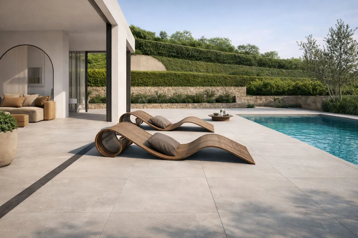 Terraza de piscina en tonos naturales