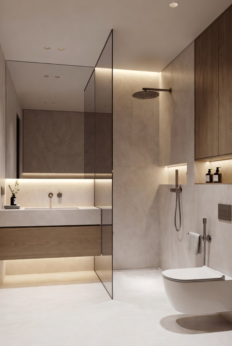 Baño pequeño con azulejos de gran formato y ducha con mosaico